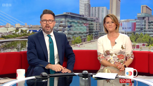 The news reporter sat alongside Jon Kay on the iconic red sofa