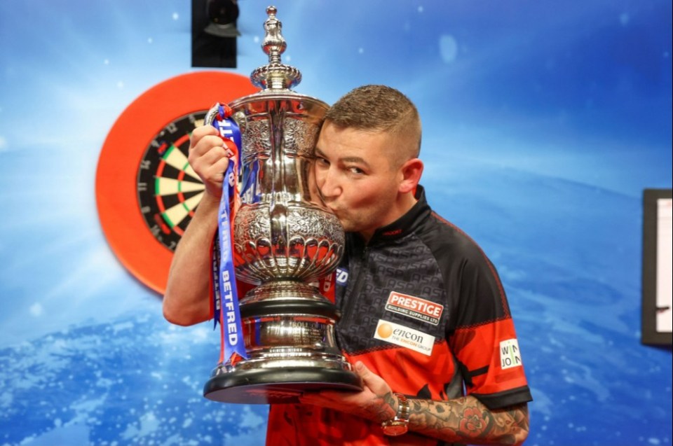 Mandatory Credit: Photo by Shane Healey/ProSports/Shutterstock (14019607s) Nathan Aspinall winner of the 2023 World Matchplay during the 2023 Betfred World Matchplay Darts final at Winter Gardens, Blackpool Darts, Betfred World Matchplay - 23 Jul 2023