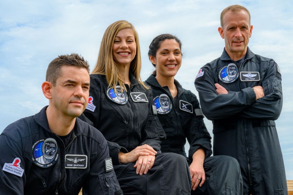 The SpaceX Polaris Dawn crew (from left to right): Mission Commander Jared Isaacman, Mission Specialist and Medical Officer Anna Menon, Mission Specialist Sarah Gillis and Mission pilot Scott Poteet