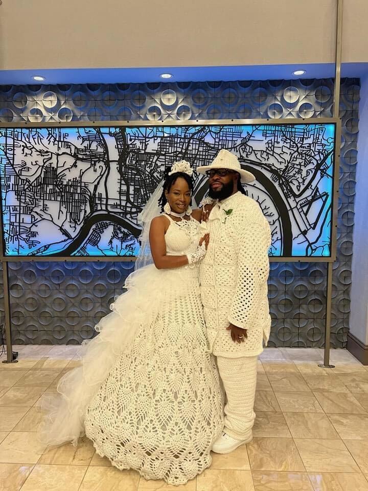 Tymesha and Ricardo wore matching hand-made crochet outfits on their wedding day