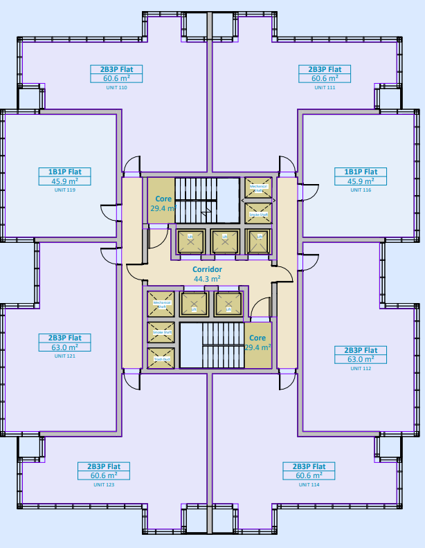 Below the penthouse and the gym/cafe area are the apartments