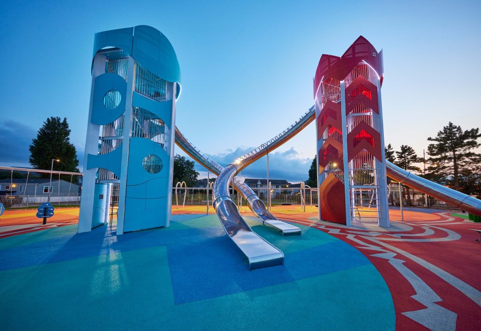 Other features include a wheelchair-friendly seesaw, trampolines and two intertwining slides that light-up