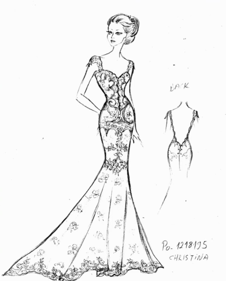 In the end, Christina opted for a £35,000 custom made dress, illustrated in this seamstress sketch