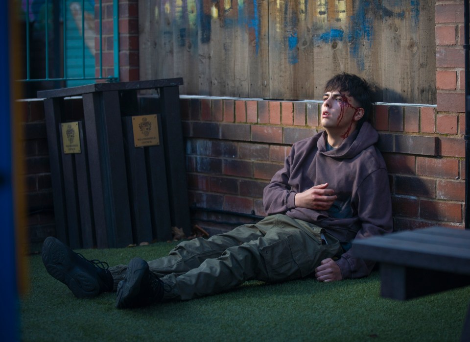 A young man with a bloody face wound sits on the ground.