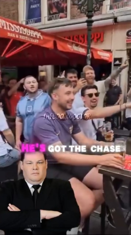 England fans in Germany chanting a cheerful song at a Mark Labbett lookalike