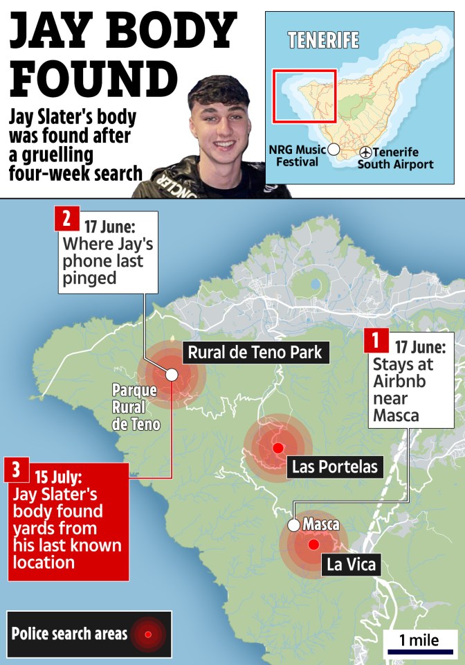 a map showing where jay slater 's body was found