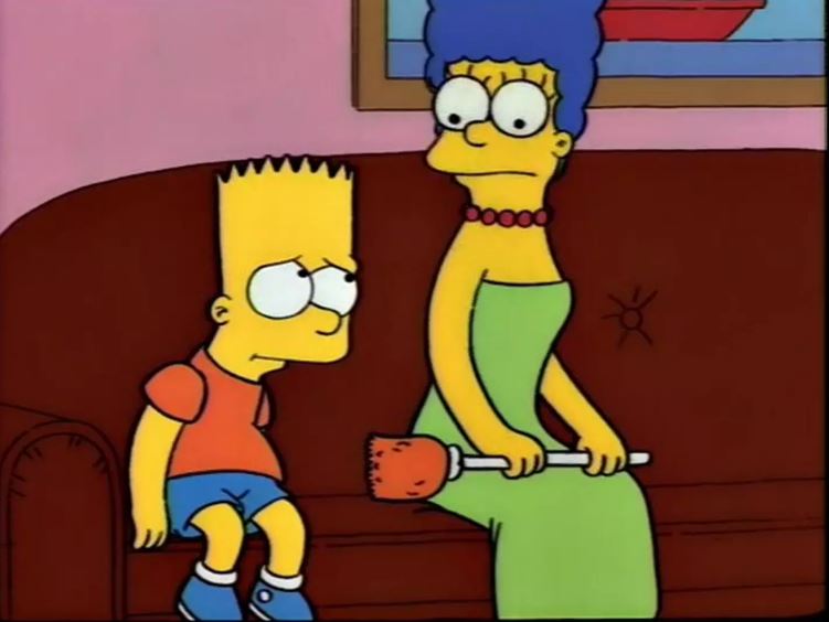 bart simpson sits on a couch next to a woman holding a toilet brush