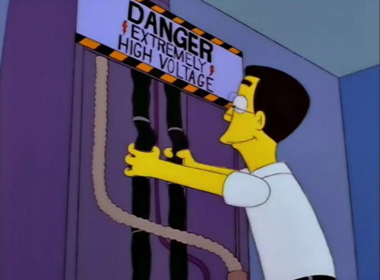 a cartoon character holding a sign that says danger extremely high voltage