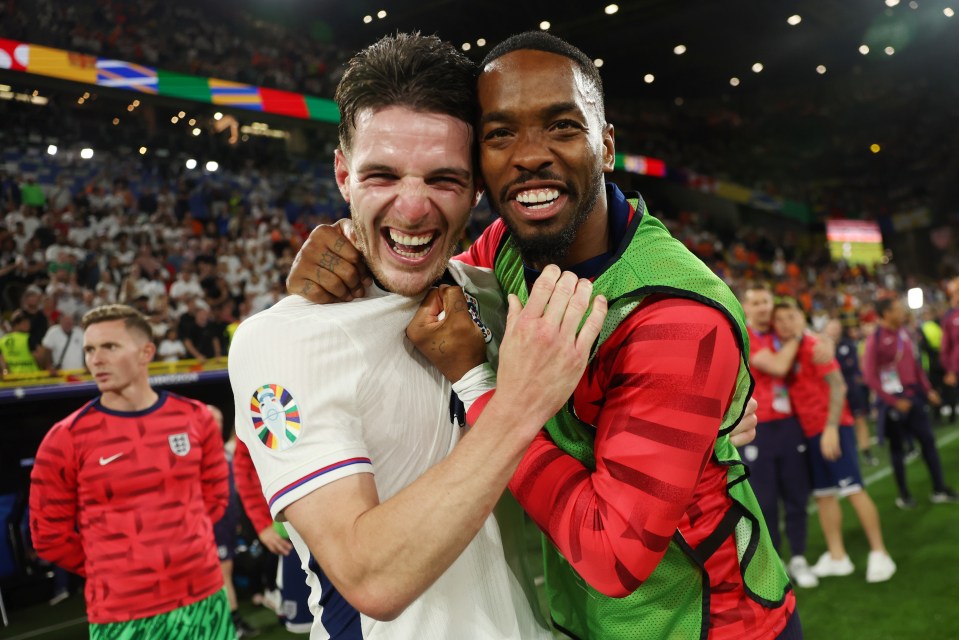 Rice celebrating England's semi final victory over the Netherlands with teammate Toney