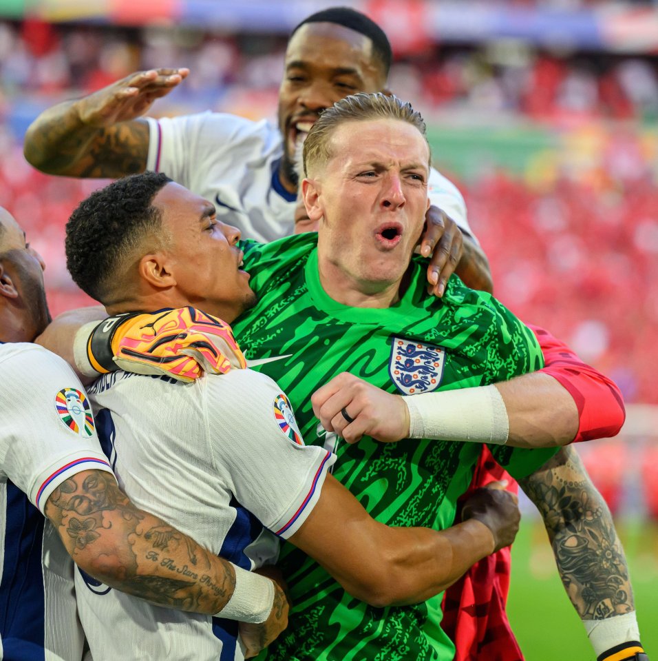 Jordan Pickford was slick between both the posts and his ears as he celebrated shootout glory against Switzerland with his more usual hairstyle