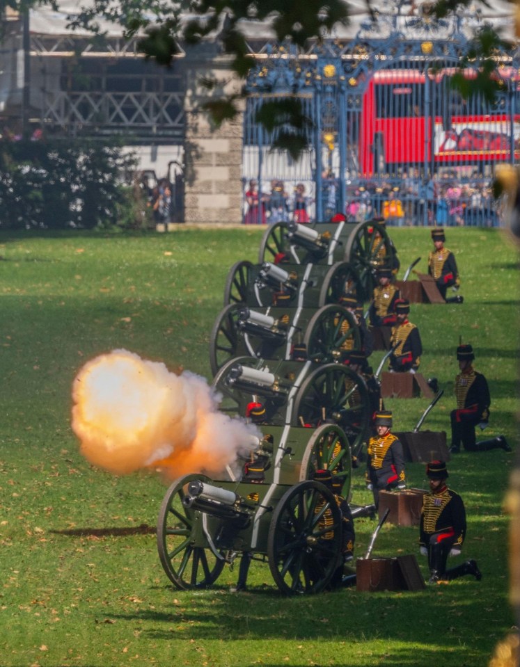 Maj Baileff, 35, led two 41-gun salutes with the unit’s horse-drawn field guns in Green Park, central London, on Wednesday