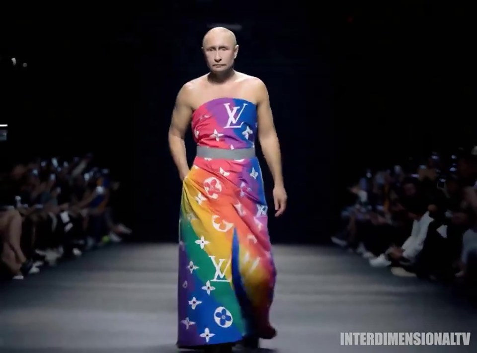 Vladimir Putin struts down the catwalk in a rainbow Louis Vuitton dress in this AI-generated fashion show