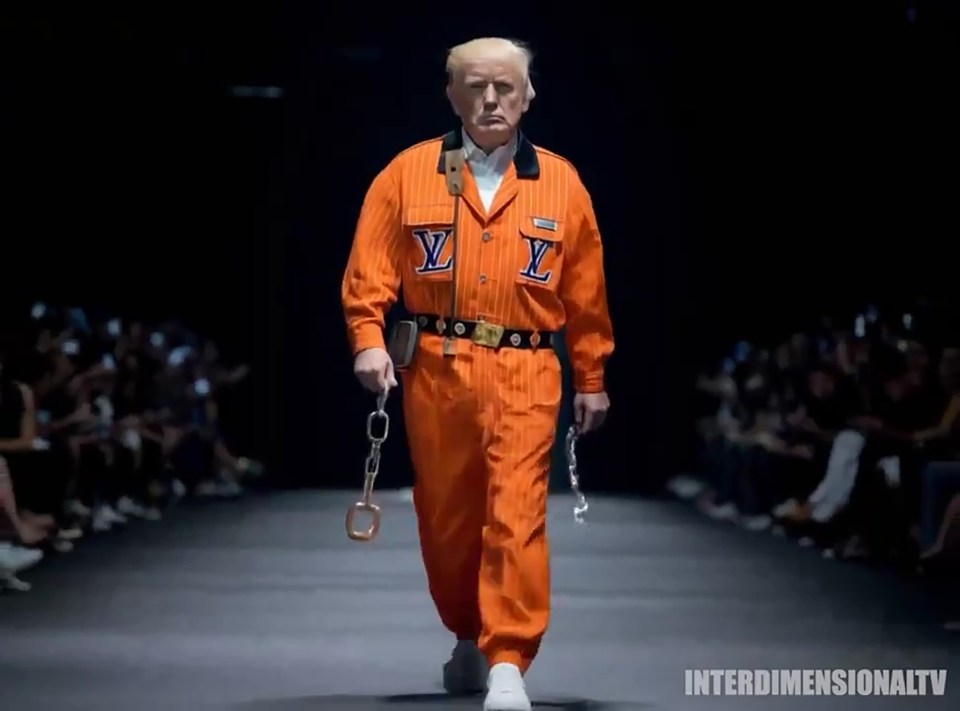 President Donald Trump struts his stuff in a luxury orange prison overalls and white trainers