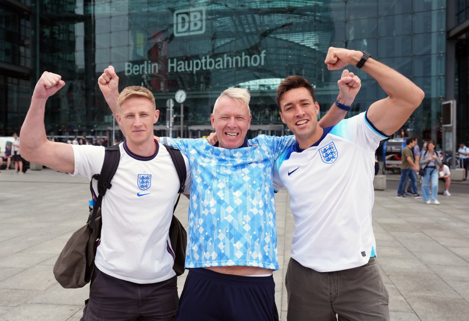 England fans get into the spirit at Berlin Central Train Station, Germany