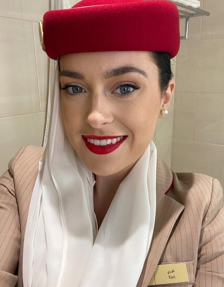 Emirates Airlines cabin crew employee Tori Towey, 28, has been detained in Dubai