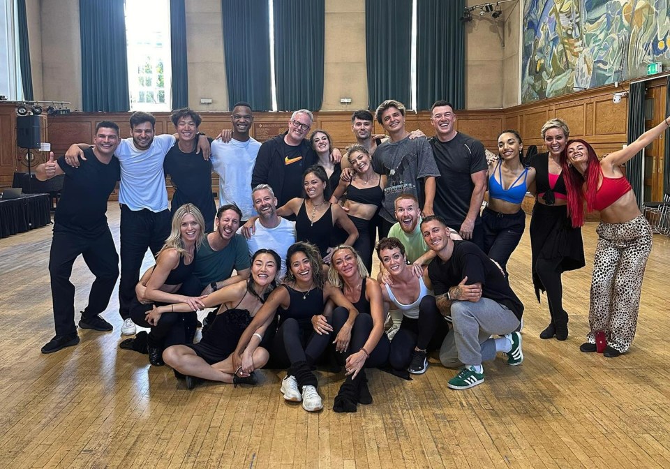 Strictly dancers pose at rehearsals yesterday