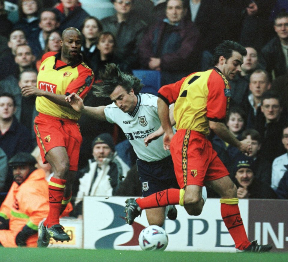 Darren Bazeley (right) pictured in action for Watford against David Ginola