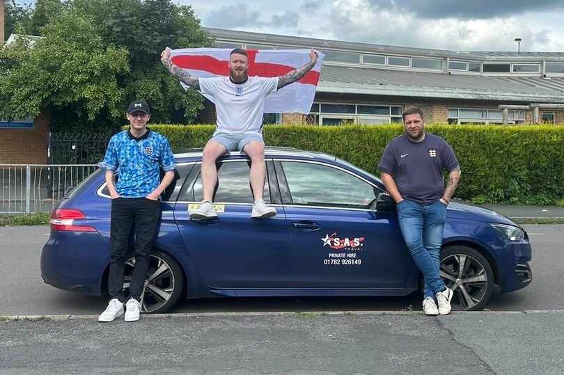 Three England fans are heading to Germany after what initially started out as a joke in the pub escalated into a full-blown car and boat trip to Berlin (pictured from left: Jordan, Ryan and Ash)