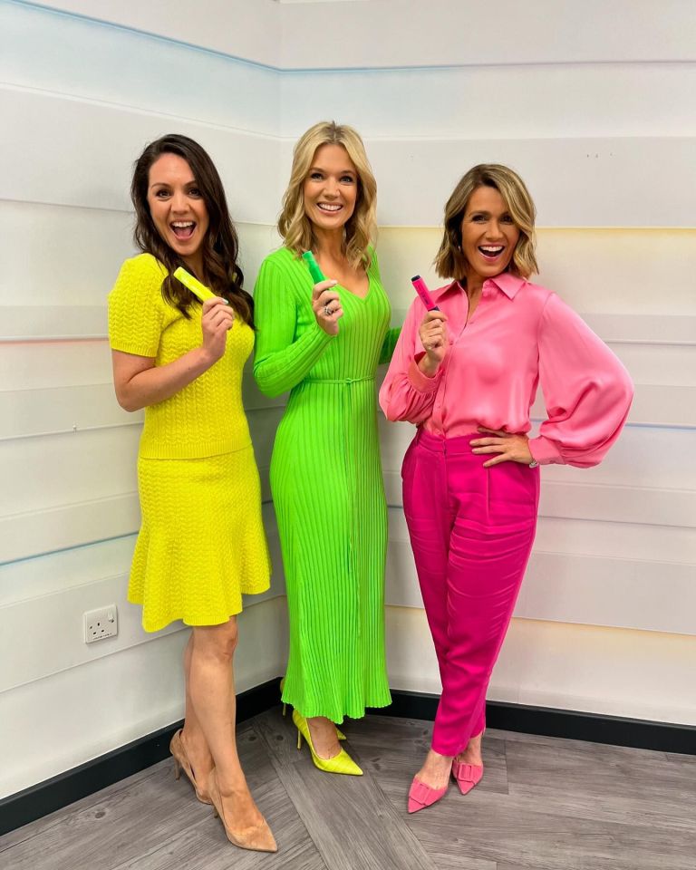 Good Morning Britain presenters Laura Tobin, Charlotte Hawkins and Susanna Reid took inspiration from a pack of highlighter pens with their neon outfits