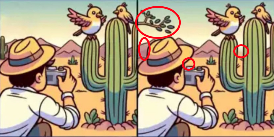 The four differences are circled on the right