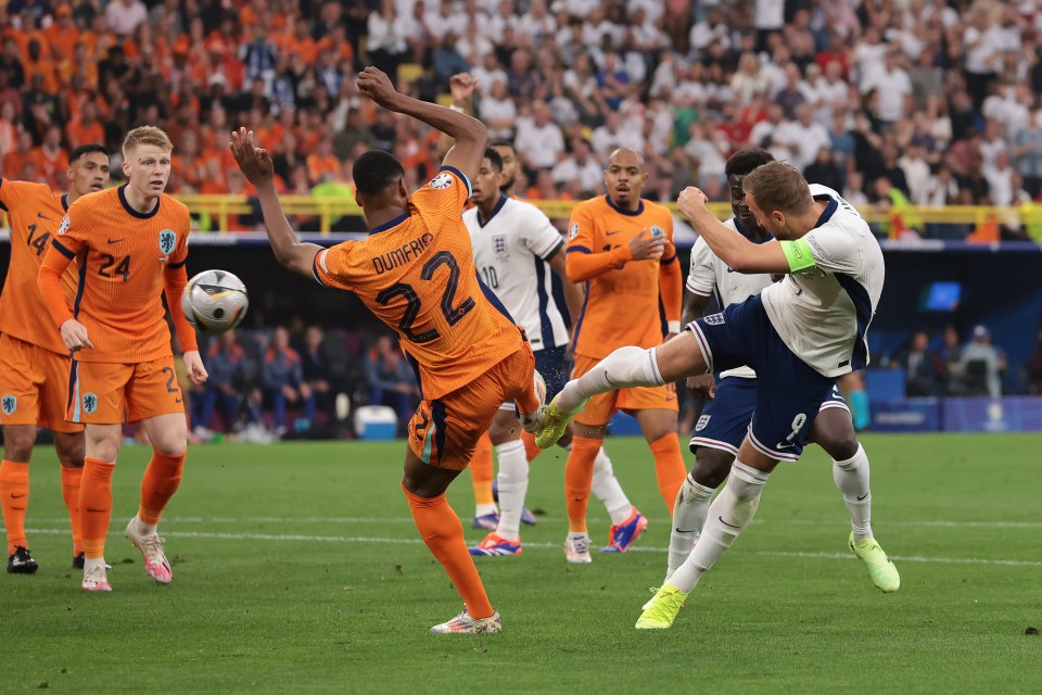 Denzel Dumfries' high challenge caught the foot of Harry Kane to give England a penalty in the semi-final