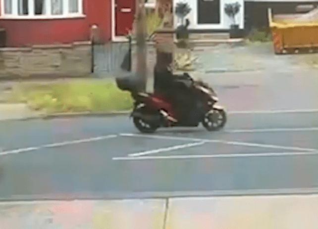 a person is riding a scooter down a street .