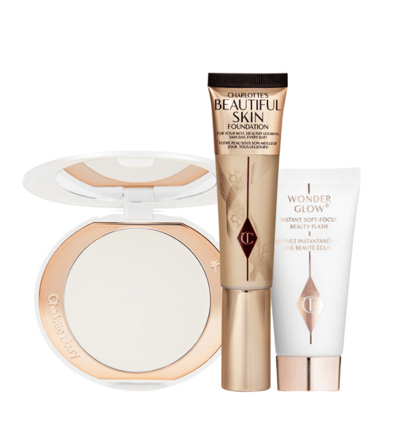 Charlotte Tilbury Beautiful Skin foundation, Wonder Glow, and powder.