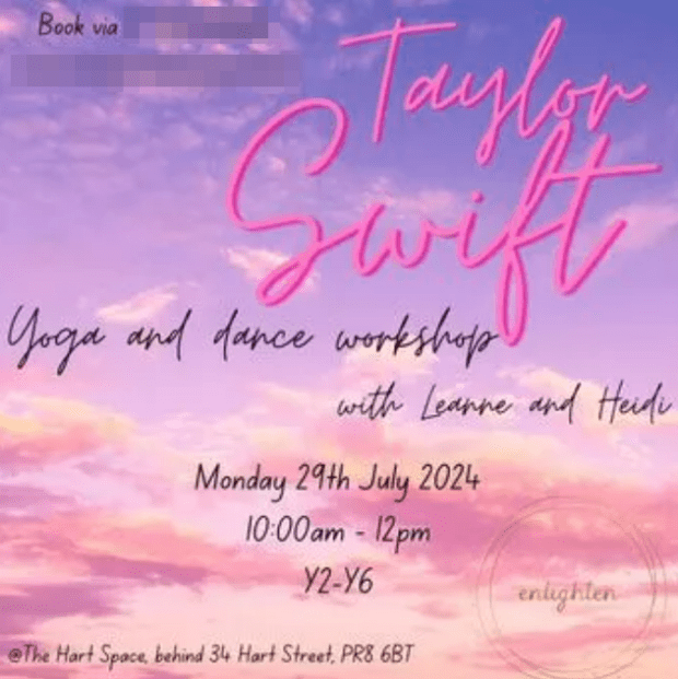 an advertisement for a yoga and dance workshop with taylor swift