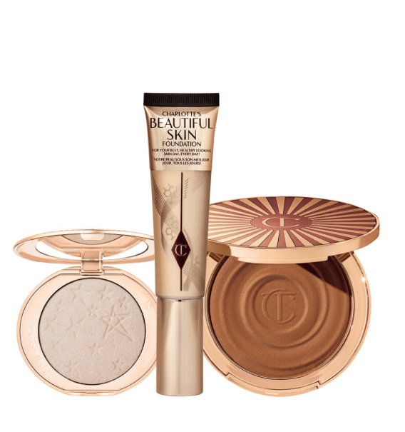 Charlotte Tilbury Beautiful Skin Foundation, bronzer, and highlighter.