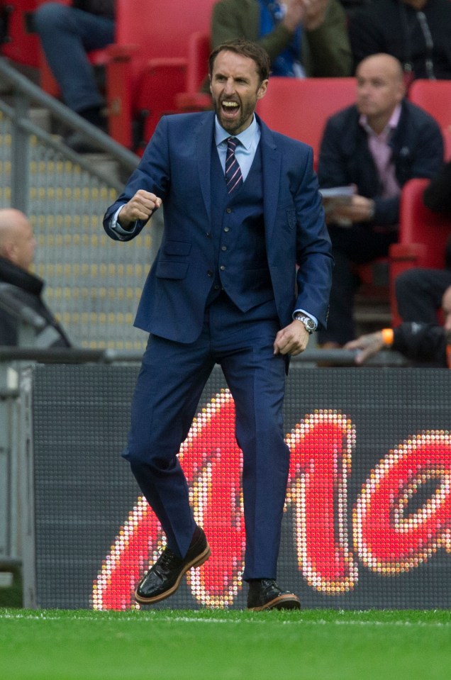 Interim manager Gareth Southgate celebrating England’s first goal against Malta