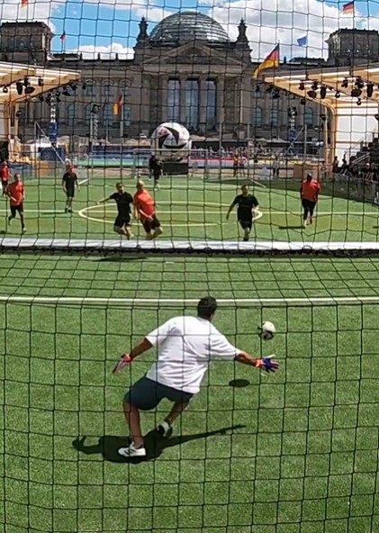 Pougatch's shot flew past ex-England star Rio Ferdinand in the goal