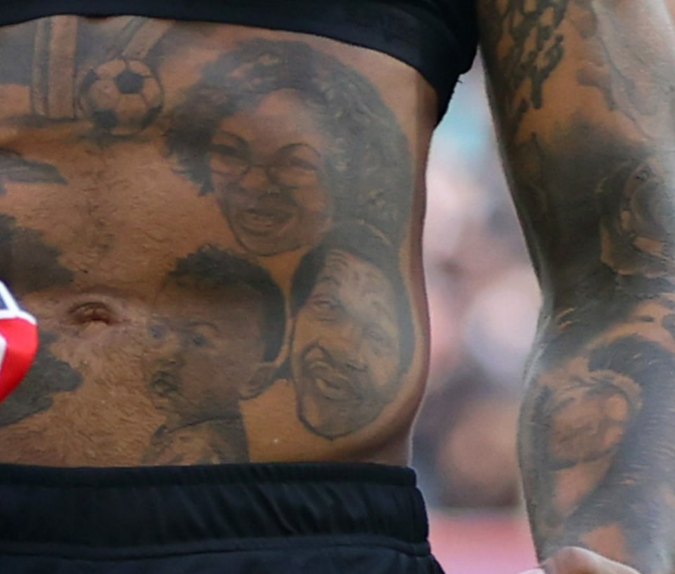 Toney has portraits of his grandparents and son Ivan Jr. on his abs