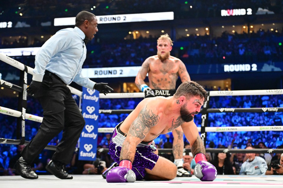 a man in purple boxing gloves is laying on the floor