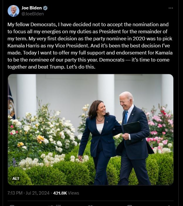 In a second statement on social media, he endorsed Vice President Kamala Harris