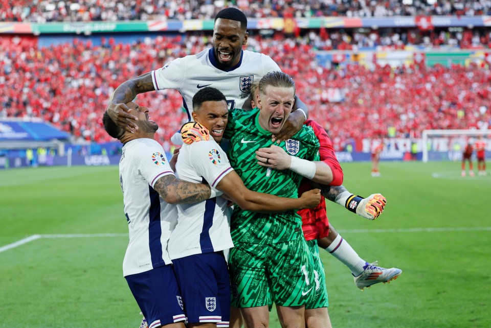 Kyle Walker, Luke Shaw, Ivan Toney, Trent Alexander-Arnold and Jordan Pickford celebrate after England' beat Switzerland on penalties in their Euro 2024 quarter-final