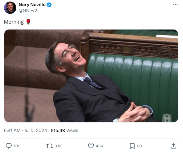 Former footballer Gary Neville also seemed gratified by Jacob Rees-Mogg's defeat