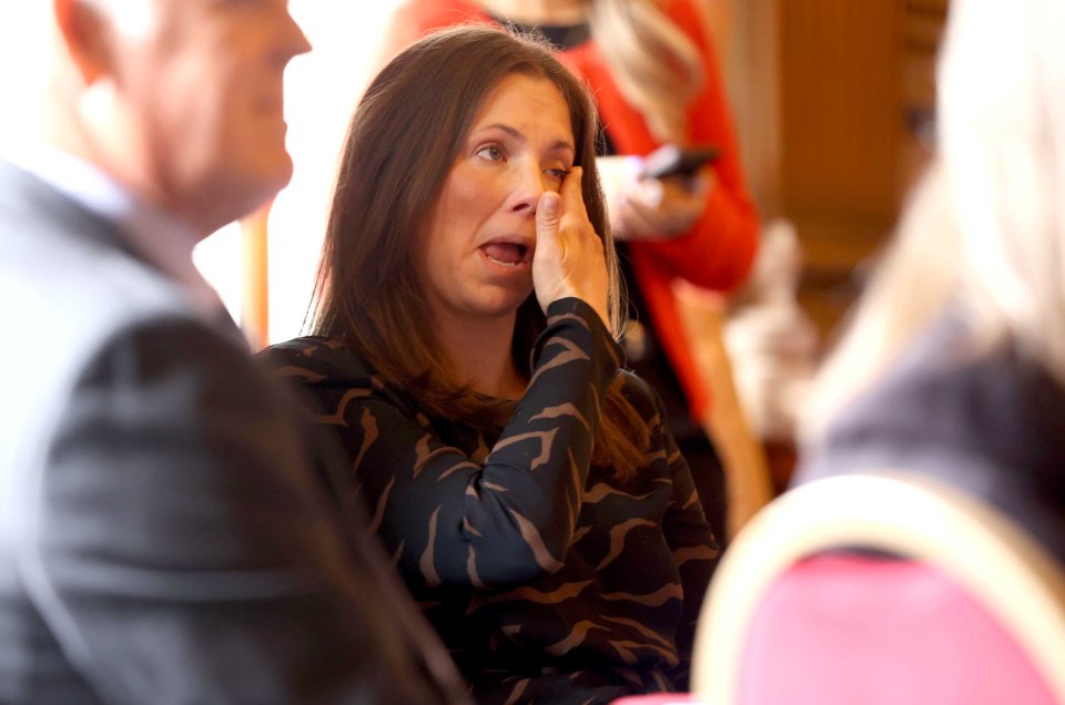 Rob Burrow's wife Lindsey shed tears for her beloved husband as she watched tributes at an emotional funeral reception