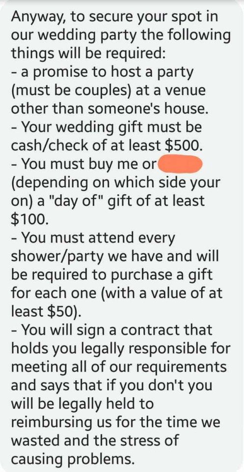 The bride’s texts included buying multiple expensive gifts