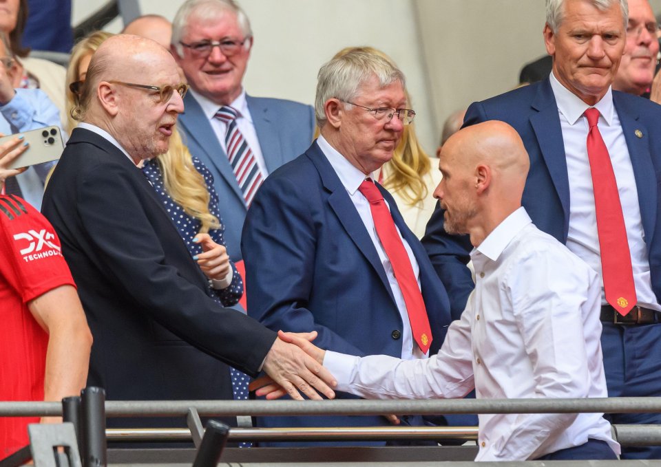 Avram Glazer shaking hands with Erik ten Hag at the FA Cup final between Man U and Man City at Wembley Stadium on June 3, 2023