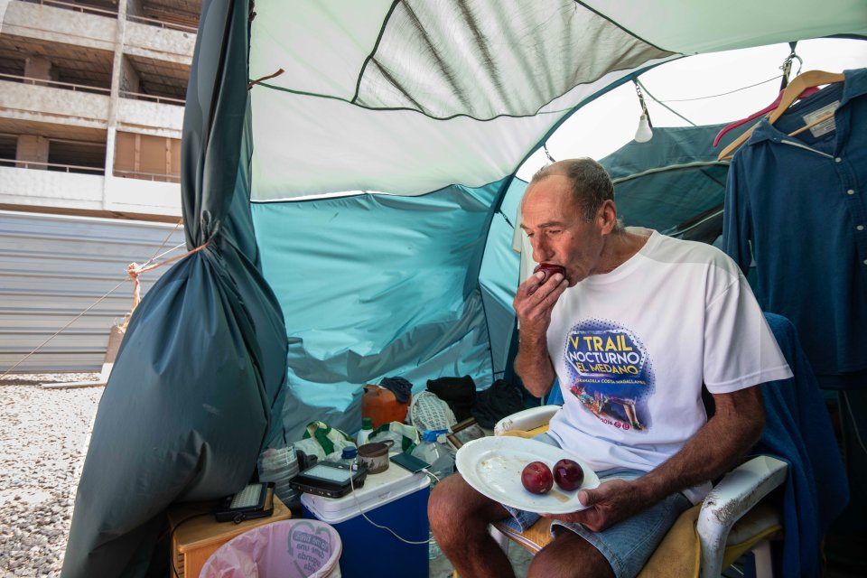 Local worker Miguel de Abreu Freitas is forced to live in a tent alongside others in Costa del Silencio