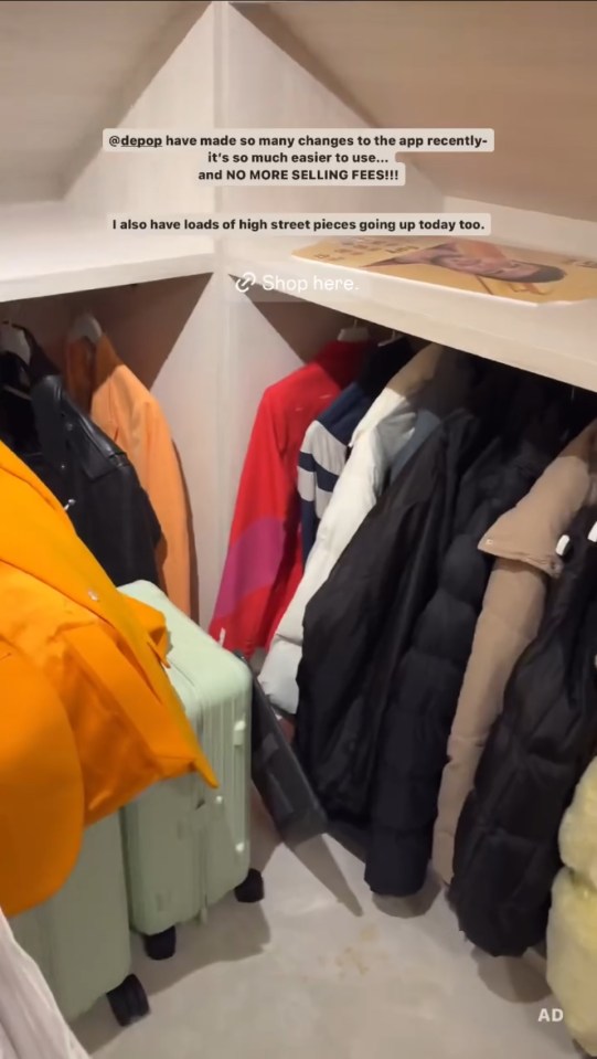 a closet filled with clothes and a sign that says shop here