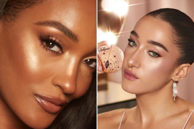 Two models showcasing a highlighting powder.