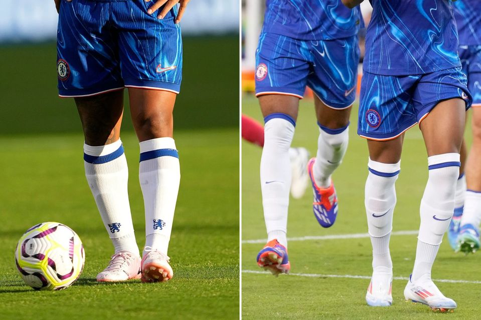 James' choice (L) displays the Chelsea lion on the front of his socks, while other players show the Nike logo instead (R)