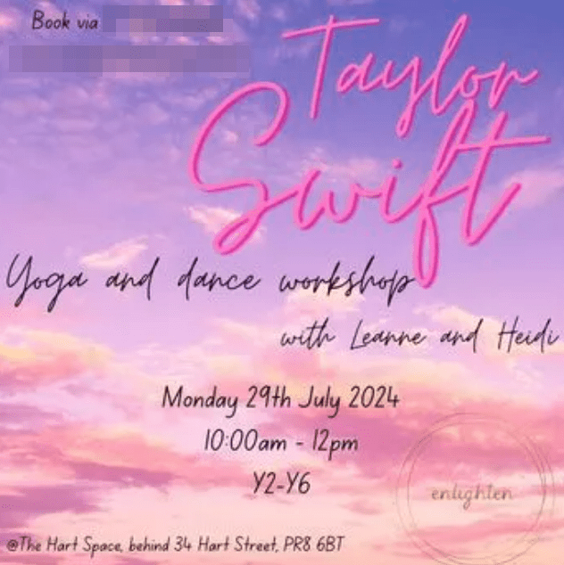 a poster for a yoga and dance workshop with taylor swift