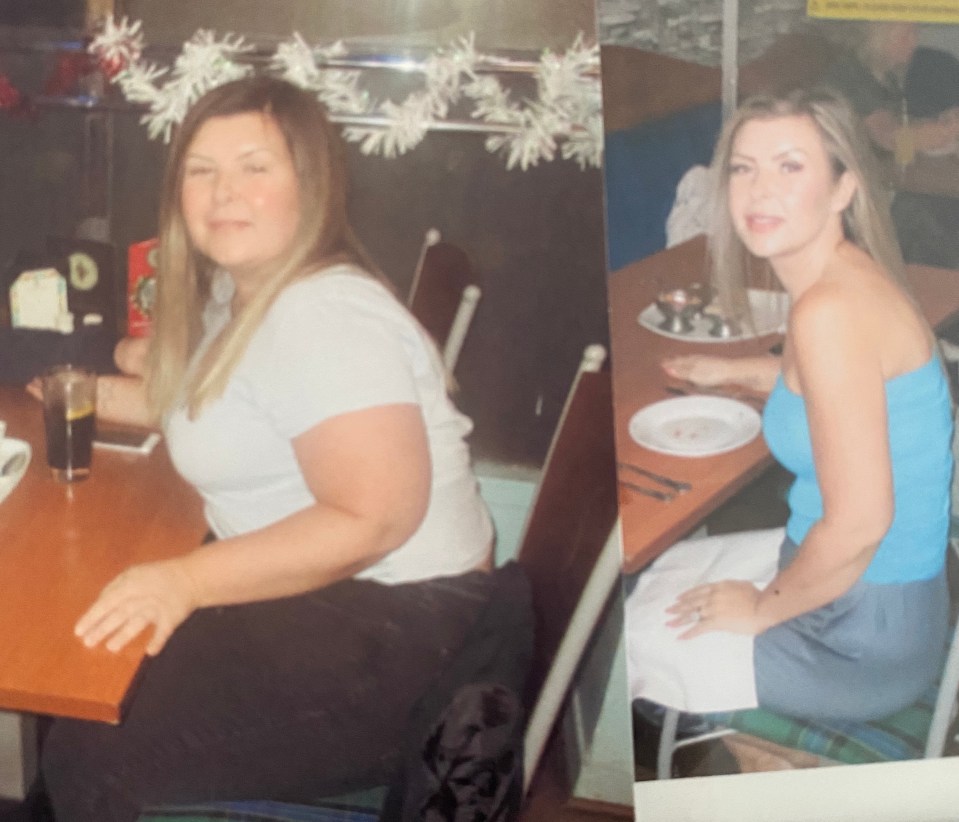 Pamela pictured in August 2019 (left) and July 2021 (right) at the same restaurant