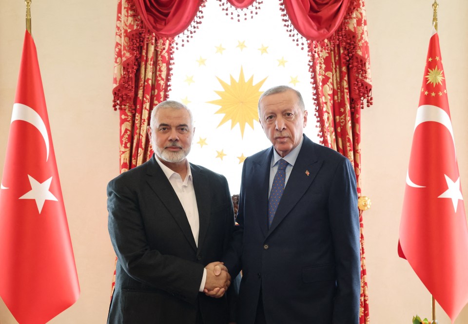 Turkish President Recep Tayyip Erdogan (R) shaking hands with Ismail Haniyeh