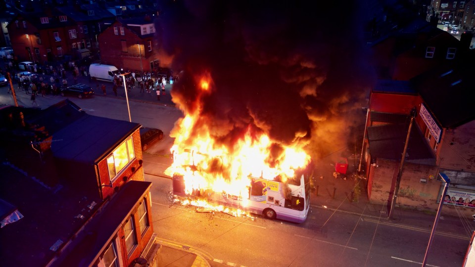 Flames ripping through a bus in Harehills last night