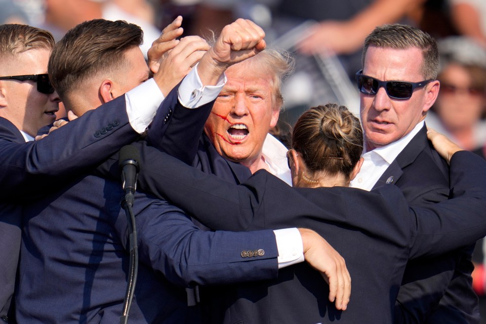 Trump pumps his fist into the air as supporters cheer