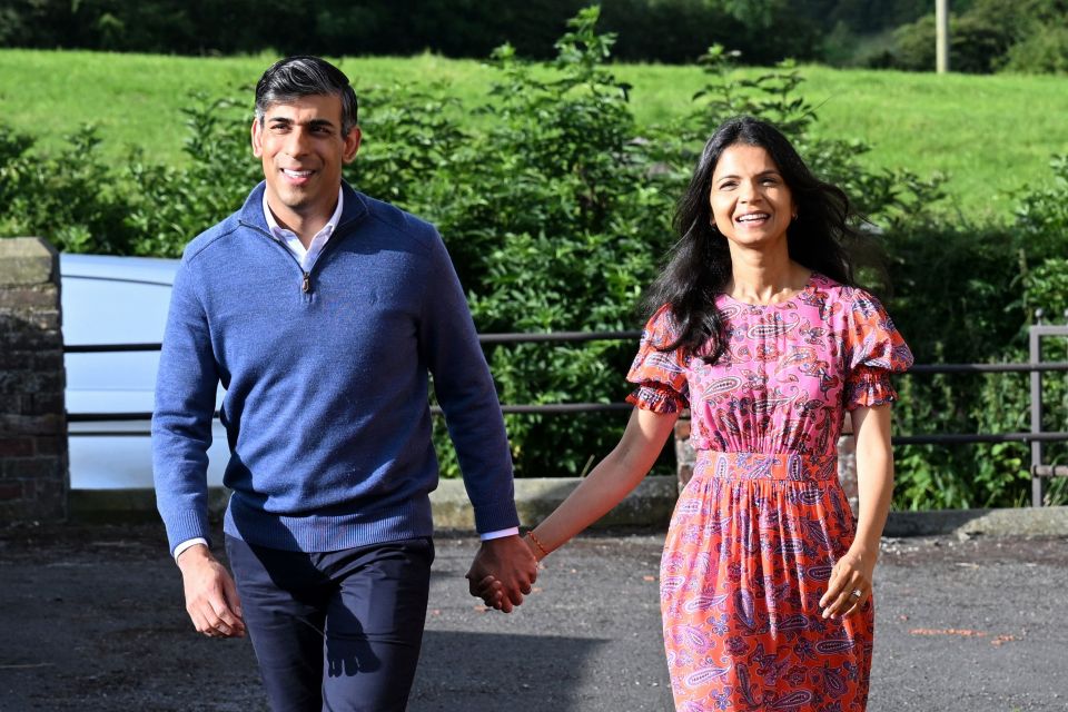 Sunak and his wife Akshata Murty arriving to vote at Kirby Sigston Village Hall, Kirby Sigston, Northallerton