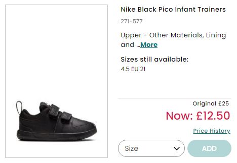 Black Nike Pico Infant trainers are available for just £12.50, marked down from £25.